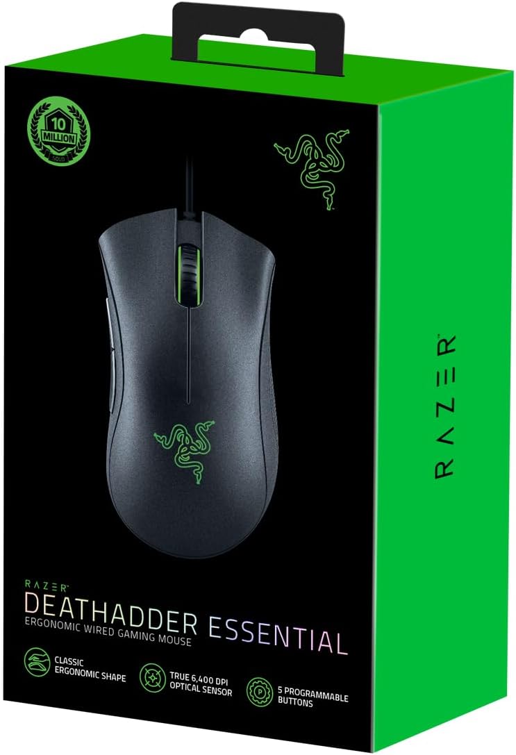 Razer Deathadder Essential (2021) - Kabelgebundene Gaming-Maus Mit Optischem Sensor Mit 6400 DPI (5 Programmierbare Tasten, Ergonomischer Formfaktor, 10 Millionen Klicks Lebensdauer) Schwarz