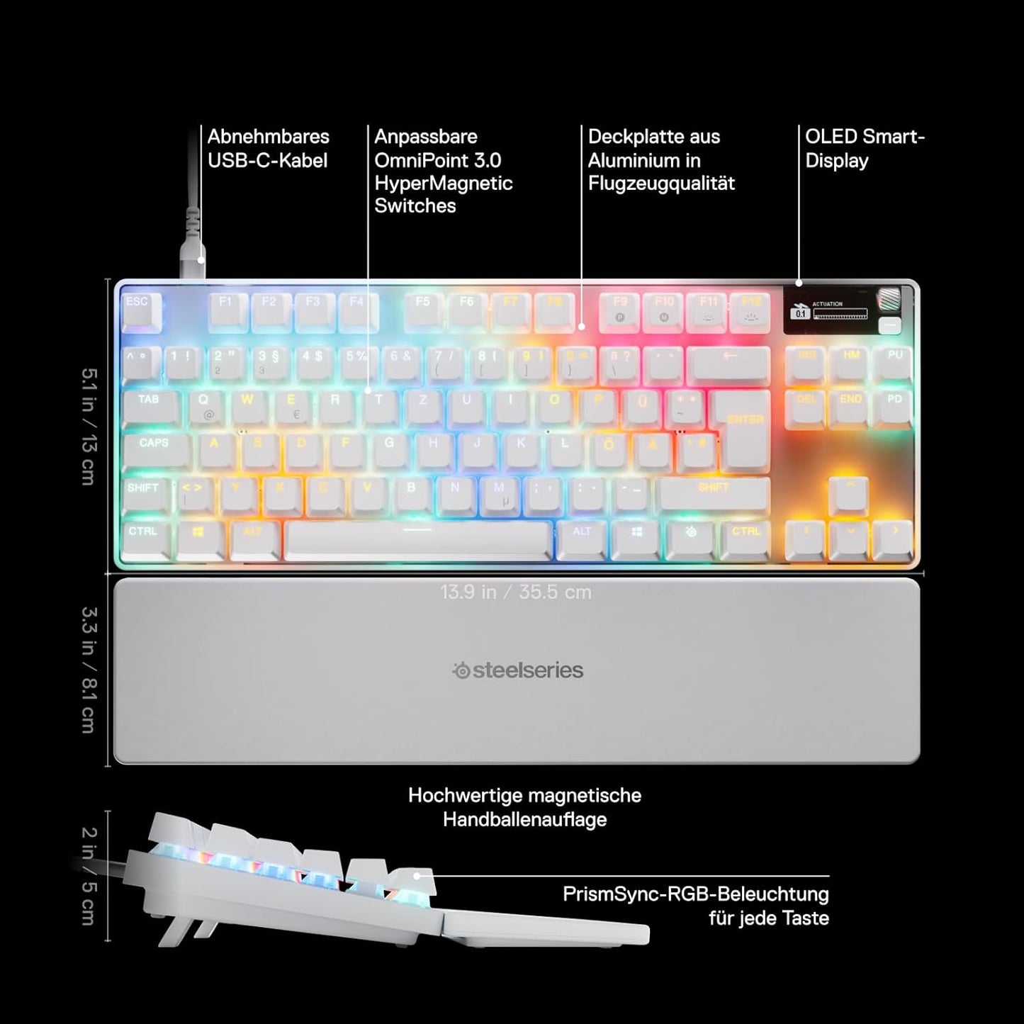 Steelseries Apex Pro TKL Gen 3 Weiß - Hypermagnetic Gaming-Tastatur - Omnipoint 3.0 Switches - Anpassbares Ansprechverhalten - Rapid Trigger - Rapid Tap/Socd - OLED - Pbt-Keycaps - USB-C - DE QWERTZ