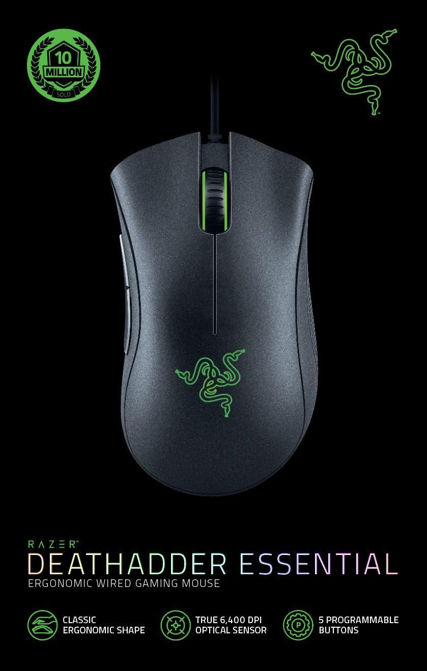 Razer Deathadder Essential (2021) - Kabelgebundene Gaming-Maus Mit Optischem Sensor Mit 6400 DPI (5 Programmierbare Tasten, Ergonomischer Formfaktor, 10 Millionen Klicks Lebensdauer) Schwarz