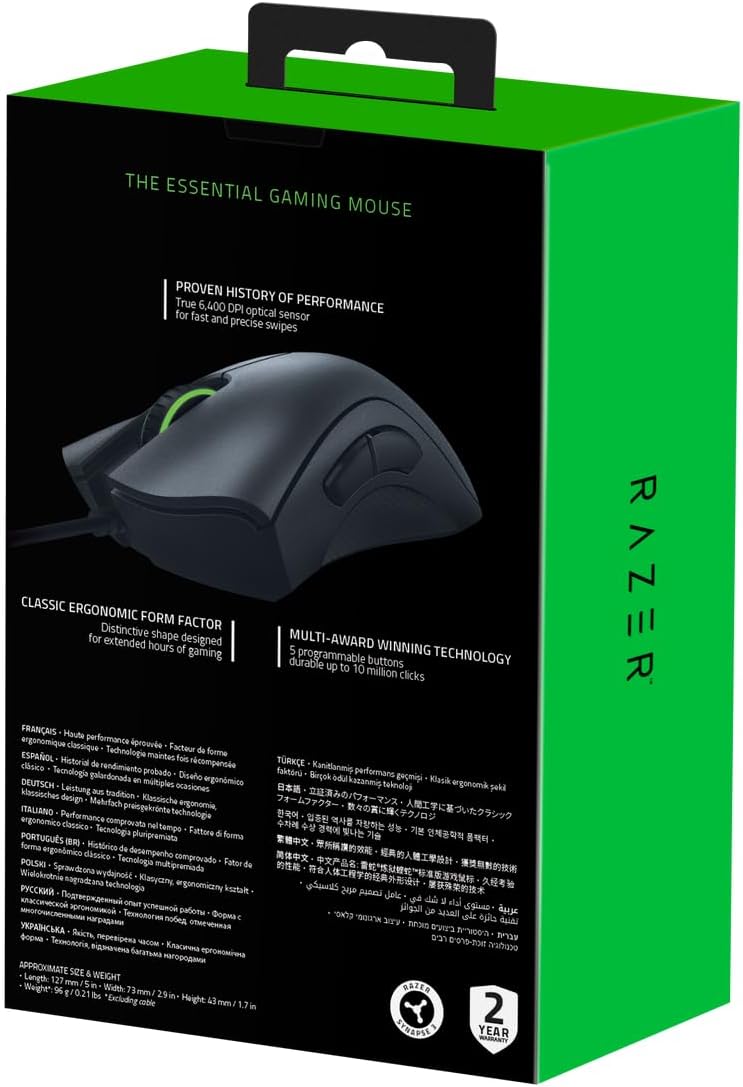 Razer Deathadder Essential (2021) - Kabelgebundene Gaming-Maus Mit Optischem Sensor Mit 6400 DPI (5 Programmierbare Tasten, Ergonomischer Formfaktor, 10 Millionen Klicks Lebensdauer) Schwarz