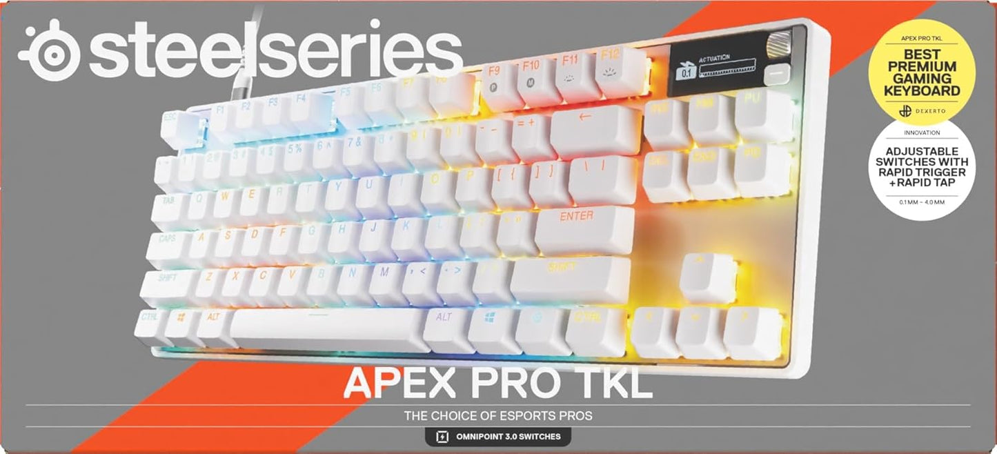 Steelseries Apex Pro TKL Gen 3 Weiß - Hypermagnetic Gaming-Tastatur - Omnipoint 3.0 Switches - Anpassbares Ansprechverhalten - Rapid Trigger - Rapid Tap/Socd - OLED - Pbt-Keycaps - USB-C - DE QWERTZ