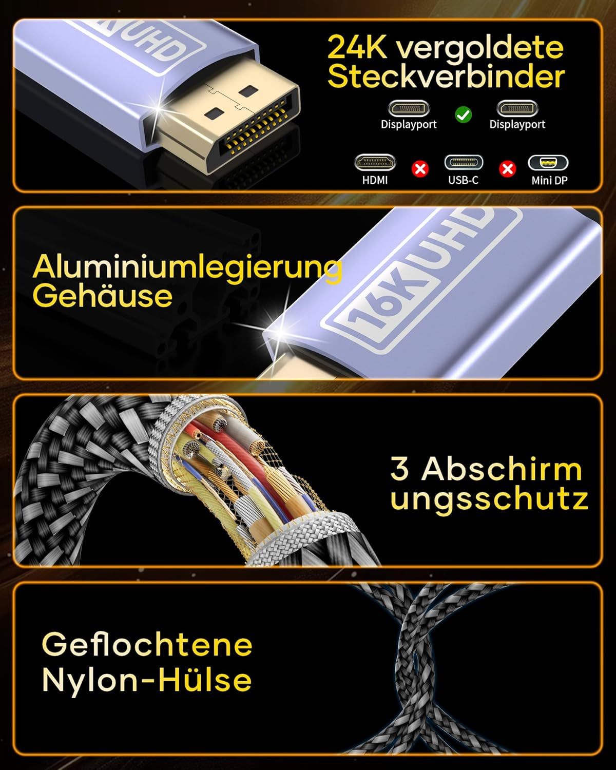Zestiq 16K Displayport Kabel 2.1 3M-16K@60Hz, 10K@60Hz, 8K@120Hz, 4K@240Hz/165Hz/144Hz, 2K@360Hz/240Hz, DP Kabel Unterstützt 80Gbps, HDR, Dsc1.2A, Freesync, G-Sync Für Gaming Monitor, Grafikkarte, PC