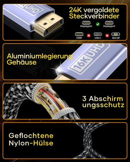 Zestiq 16K Displayport Kabel 2.1 3M-16K@60Hz, 10K@60Hz, 8K@120Hz, 4K@240Hz/165Hz/144Hz, 2K@360Hz/240Hz, DP Kabel Unterstützt 80Gbps, HDR, Dsc1.2A, Freesync, G-Sync Für Gaming Monitor, Grafikkarte, PC