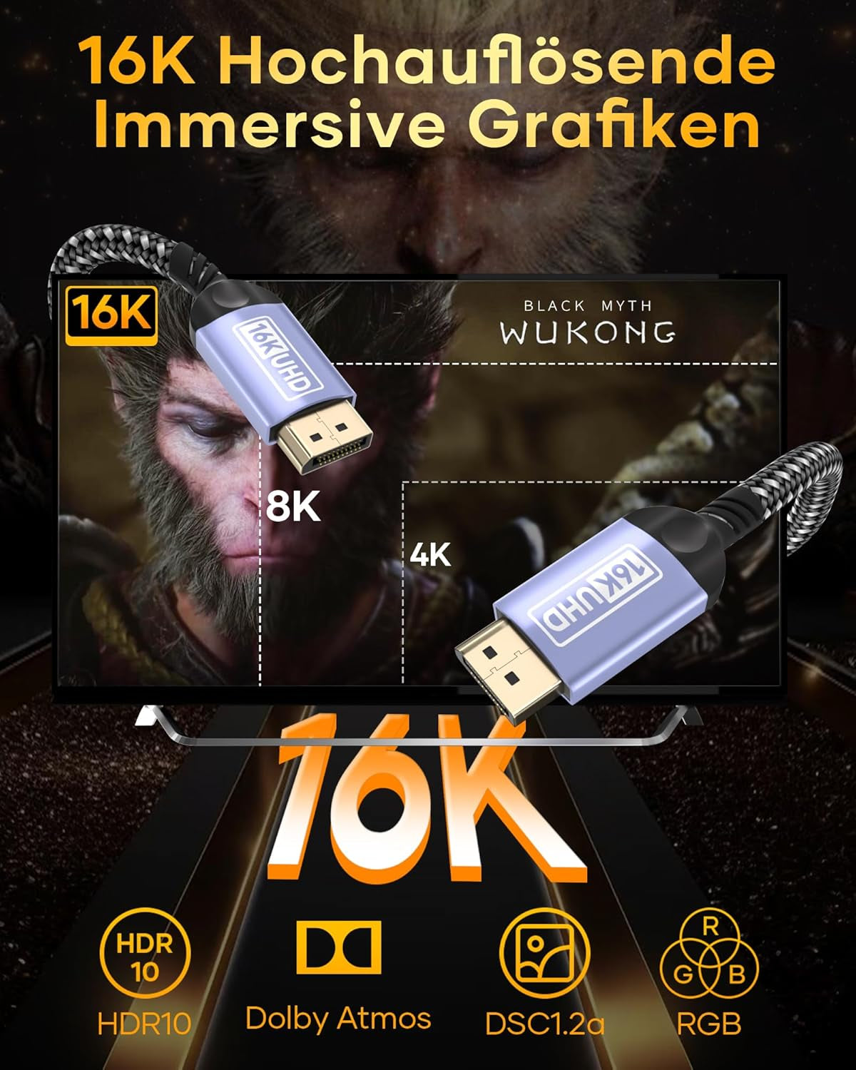 Zestiq 16K Displayport Kabel 2.1 3M-16K@60Hz, 10K@60Hz, 8K@120Hz, 4K@240Hz/165Hz/144Hz, 2K@360Hz/240Hz, DP Kabel Unterstützt 80Gbps, HDR, Dsc1.2A, Freesync, G-Sync Für Gaming Monitor, Grafikkarte, PC
